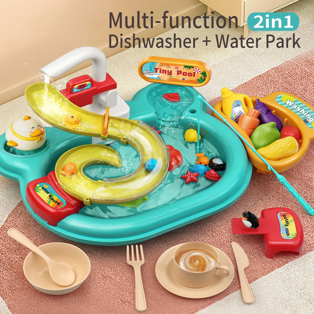 Nebublu Furnishing articles,Kitchen aqua A aqua Kitchen Dishwasher Pretend Role Play Slide 22pcs Kitchen 180rotatable With A 2-in-1 Kitchen aqua Slide Toddler Toy Sink With aqua Pretend Owsoo
