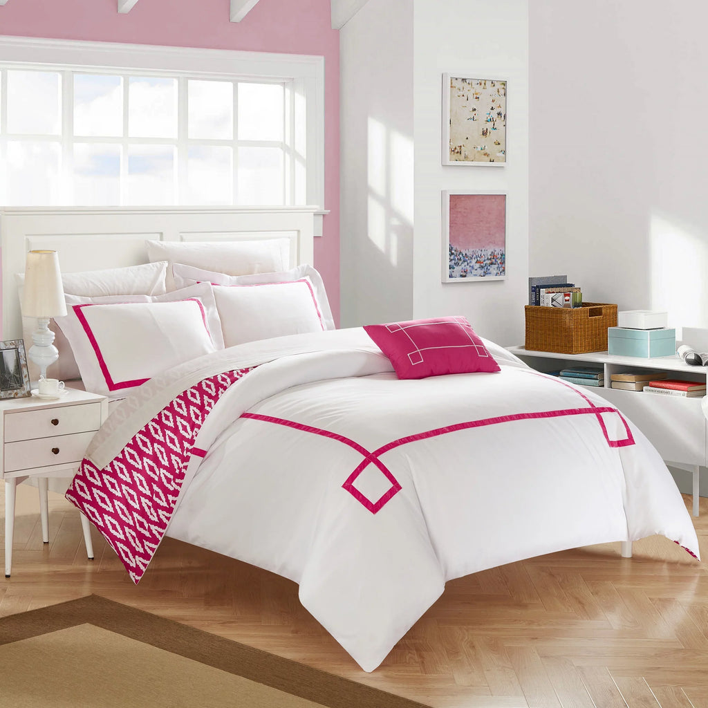 Chic Home 4 Piece Kendall Contemporary Greek Key Embroidered Reversible King Duvet wrap Set Aqua Shams and Decorative Pillows Included