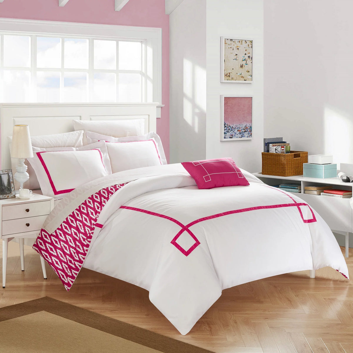 Chic Home 4 Piece Kendall Contemporary Greek Key Embroidered Reversible King Duvet wrap Set Aqua Shams and Decorative Pillows Included