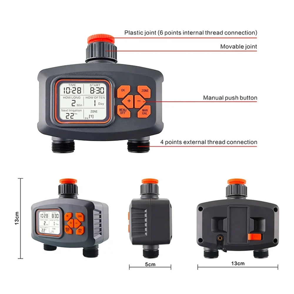 moisture Timer for Garden Hose Smart Sprinkler Timer 2 Outlets Large LCD Screen Programmable Irrigation Timer for Yard Lawn Automatic/Manual Watering Timer