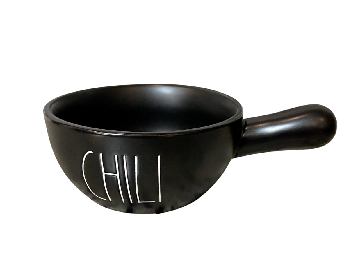 Rae Dunn CHILI Handled Bowl Black Ceramic with White LL Letters