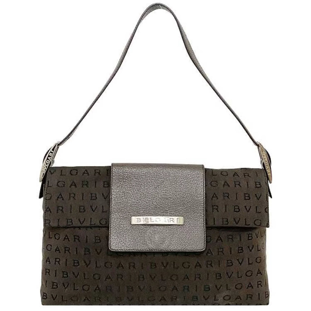 Pre-Owned Bvlgari Bag Brown Mania Canvas Leather BVLGARI One Shoulder Handbag Flap Plate (Good)