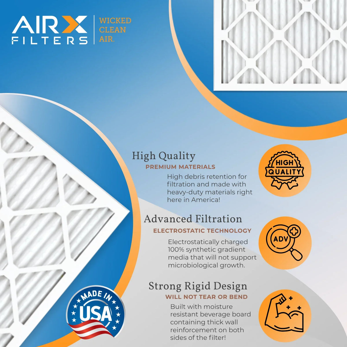 16x16x2 Air Filter MERV 8 Comparable to MPR 700 & FPR 5 Electrostatic Pleated Air Conditioner Filter 6 Pack HVAC AC Premium USA Made 16x16x2 Furnace Filters by AIRX FILTERS WICKED CLEAN AIR.