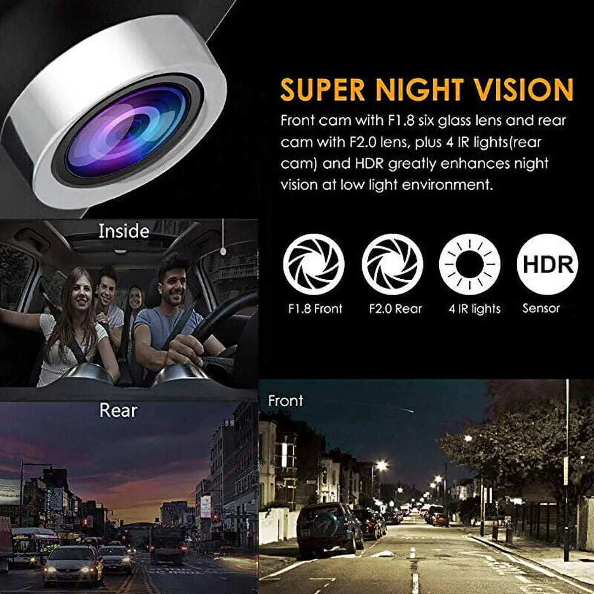 Xhy Car Dual Lens Dash Cam 1080P 4" HD DVR Front/Rear/Built-In Video Camera Driving Recorder G-Sensor, Motion Detection and Parking Monitoring