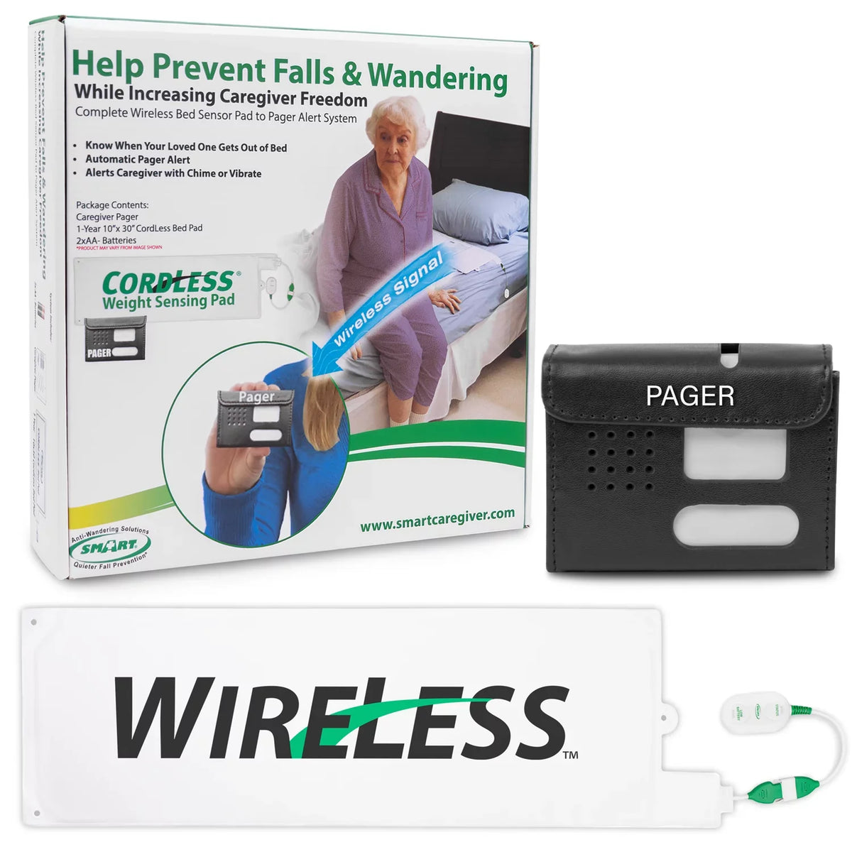 Smart Caregiver Wireless Bed Pad Alarm System with Weight Sensor and Pager for Fall Prevention | 10" x 30" Alarm Pad for Bed Alerts Medical Caregiver | Cordless Bed Alarm with Up to 300' Range
