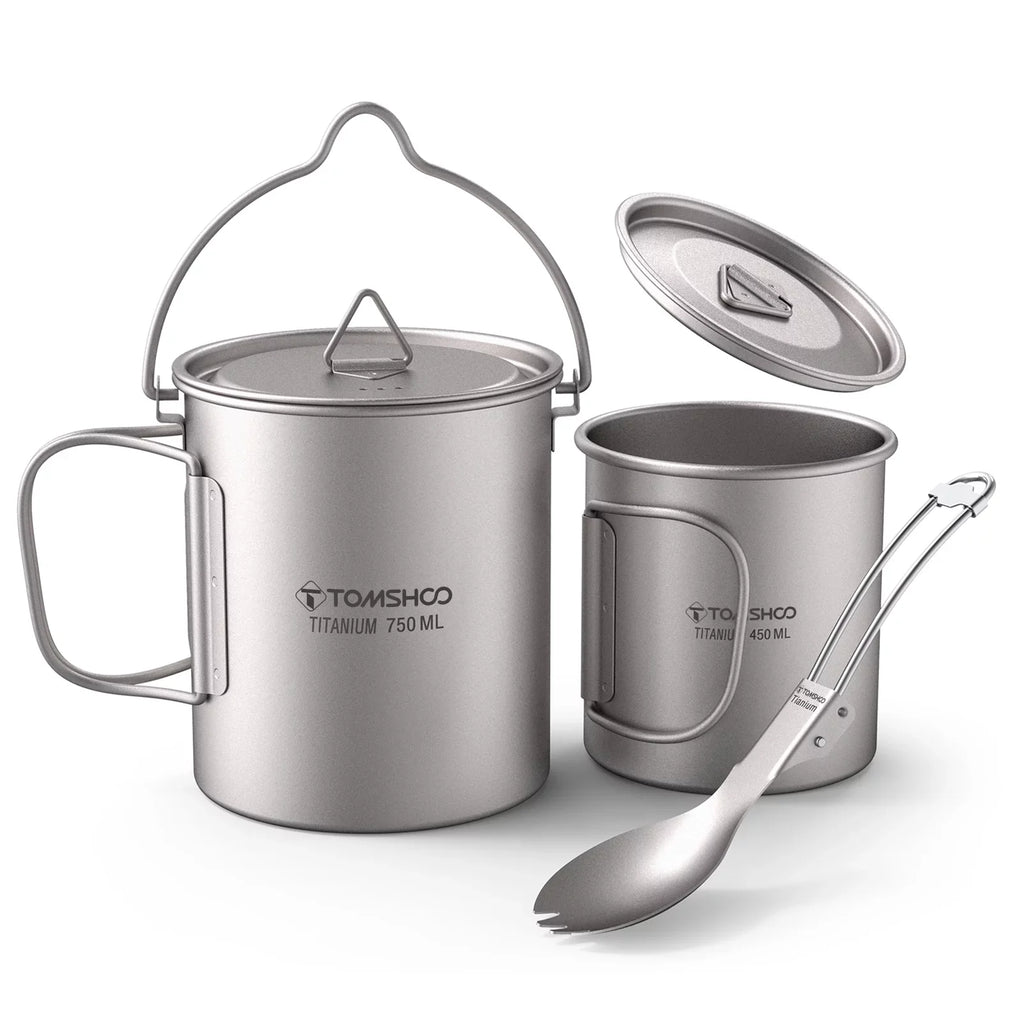 TOMSHOO cup kit,With Lid 450ml liquid Cup 3 Pieces Set 750ml Pot Lid Collapsible Handle Cup With Handle Spork Pot With Handle Open Fire Adben Lid Coffee Cup Set Ium 750ml