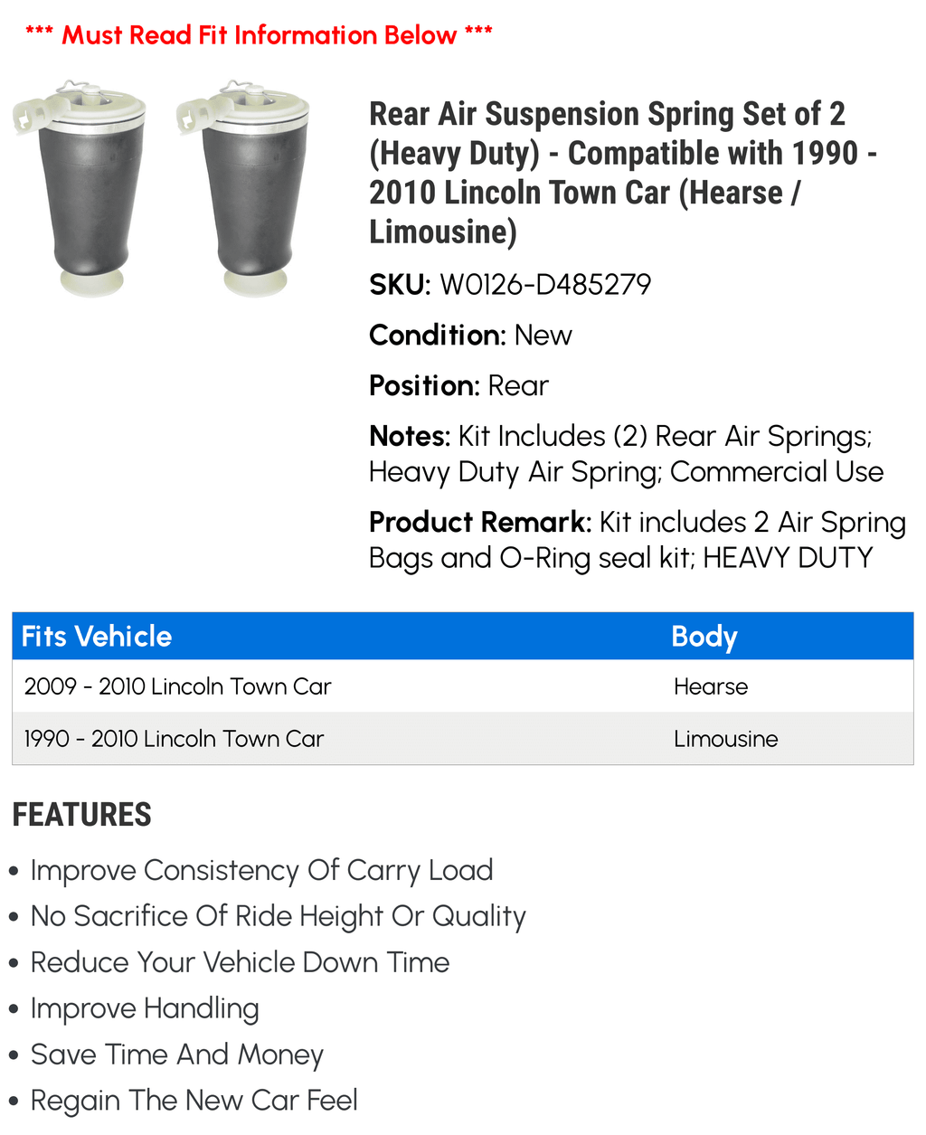 Rear Air Suspension Spring Set of 2 (Heavy Duty) - appropriate with 1990 - 2010 Lincoln Town Car (Hearse / Limousine) 1994 1995 1996 1997 1998 1999 2000 2001 2002 2003 2004 2005 2006 2007 2008